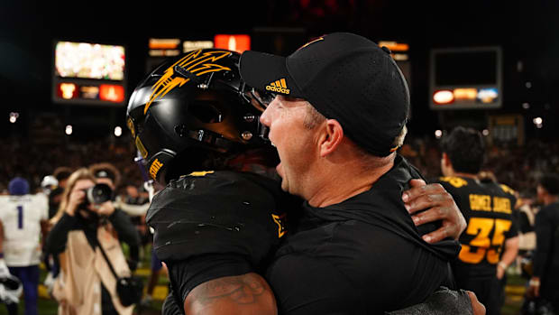 Arizona State Sun Devils Head Coach Kenny Dillingham and Defensive Back Myles Rowser 
