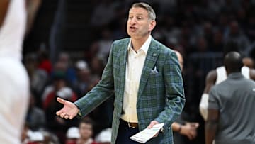 Mar 21, 2025; Cleveland, OH, USA; Alabama Crimson Tide head coach Nate Oats reacts in the first half against the Robert Morris Colonials during the NCAA Tournament First Round at Rocket Arena. Mandatory Credit: Ken Blaze-Imagn Images