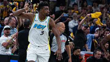 Indiana Pacers center Thomas Bryant (3) celebrates a made basket during game four of the second round for the 2025 NBA Playoffs against the Cleveland Cavaliers at Gainbridge Fieldhouse.