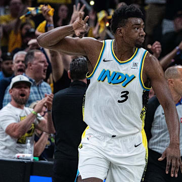 Indiana Pacers center Thomas Bryant (3) celebrates a made basket during game four of the second round for the 2025 NBA Playoffs against the Cleveland Cavaliers at Gainbridge Fieldhouse.