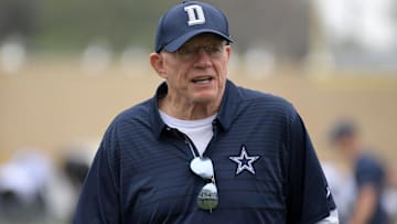 Dallas Cowboys owner Jerry Jones reacts during training camp at River Ridge Fields.