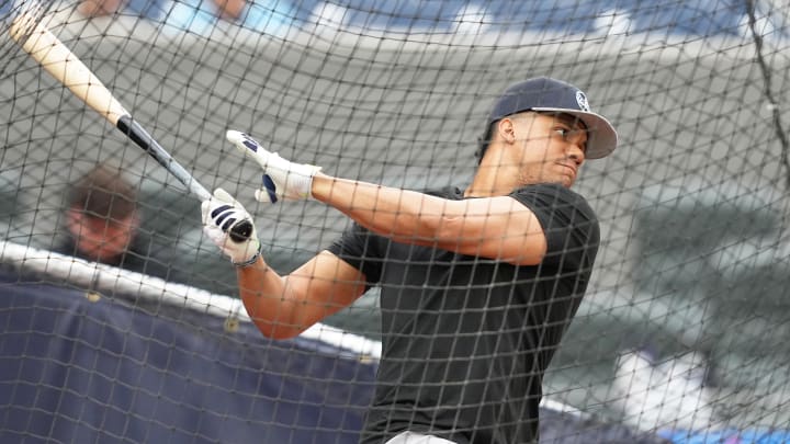 Jun 28, 2024; Toronto, Ontario, CAN; New York Yankees outfielder Juan Soto (22) takes batting practice before a game against the Toronto Blue Jays at Rogers Centre. 