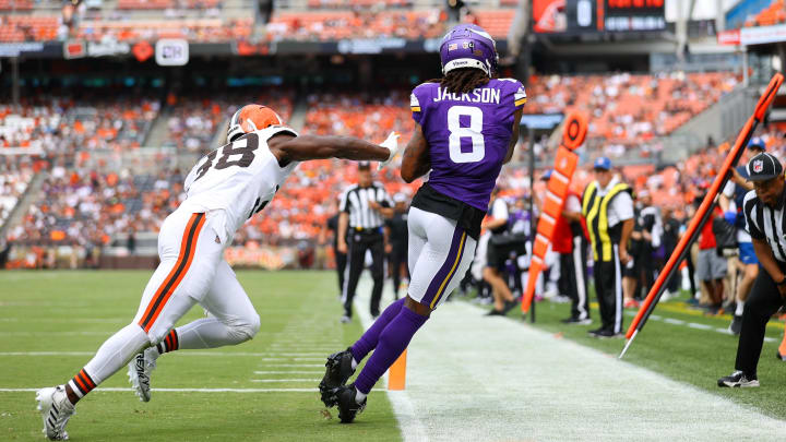 Trishton Jackson makes a touchdown catch against the Browns in a preseason game. 