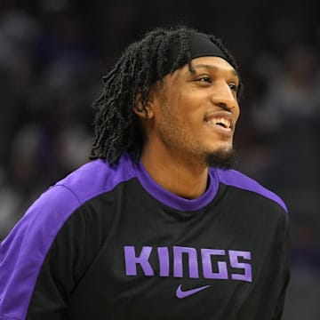 Apr 11, 2025; Sacramento, California, USA; Sacramento Kings center Isaac Jones (3) before the game against the Los Angeles Clippers at Golden 1 Center. Mandatory Credit: Darren Yamashita-Imagn Images
