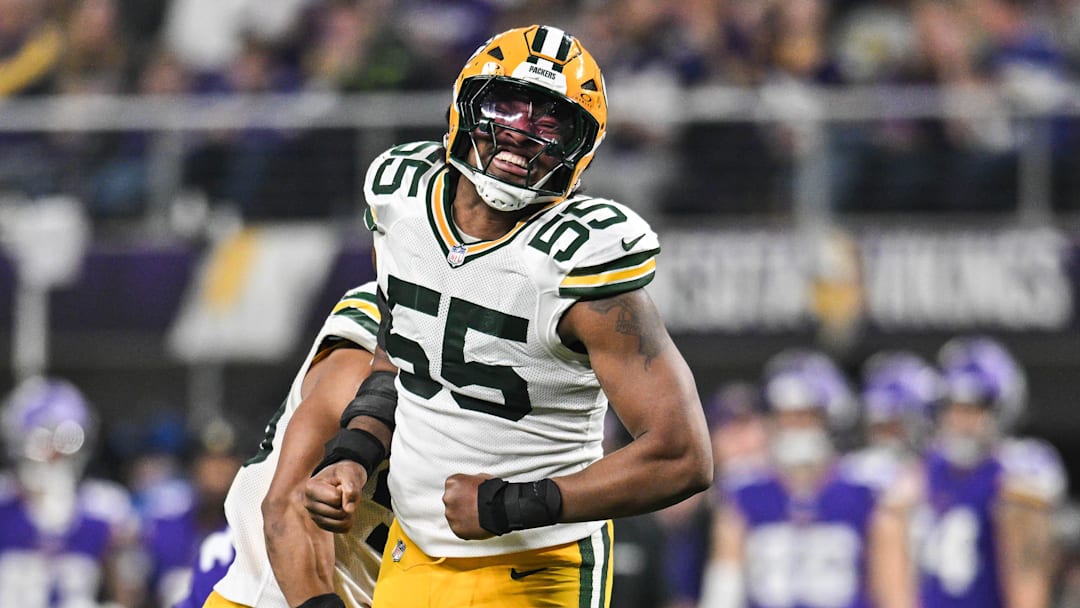Dec 29, 2024; Minneapolis, Minnesota, USA; Green Bay Packers defensive end Kingsley Enagbare (55) reacts during the first quarter against the Minnesota Vikings at U.S. Bank Stadium. Mandatory Credit: Jeffrey Becker-Imagn Images