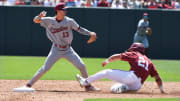 Mar 30, 2024; Tuscaloosa, Alabama, USA; South Carolina infielder Will Tippett forces Alabama base runner Ian Petrutz (21) at second and throws to first to complete a double play at Sewell-Thomas Stadium in the final game of the weekend series. South Carolina held on for a 9-8 victory.