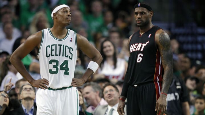 Oct 26, 2010; Boston, MA, USA; Boston Celtics forward Paul Pierce (34) on the court during a break in the first half with Miami Heat forward LeBron James (6) at the TD Garden. Mandatory Credit: David Butler II-USA TODAY Sports