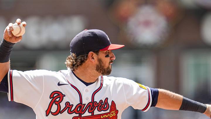 Apr 1, 2026; Cumberland, Georgia, USA; Atlanta Braves third baseman Austin Riley (27) throws out Athletics third baseman Darell Hernaiz (2) (not shown) after fielding a ground ball during the sixth inning at Truist Park. Mandatory Credit: Dale Zanine-Imagn Images