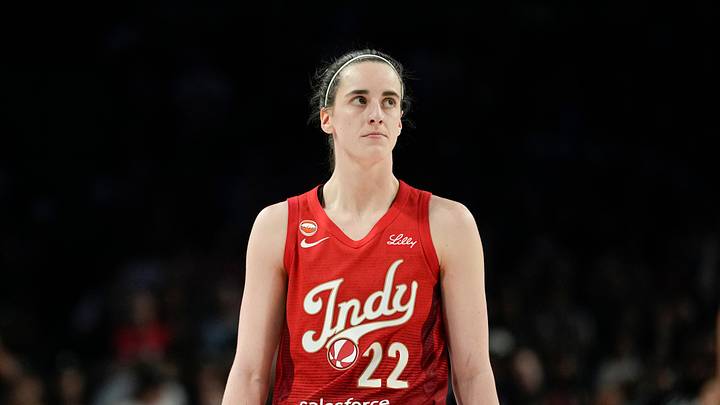 Oct 1, 2026; Las Vegas, Nevada, USA;  Indiana Fever guard Caitlin Clark (22) looks outward during the fourth quarter of game three of the first round for the 2026 WNBA Playoffs against the Las Vegas Aces at Michelob Ultra Arena.  Mandatory Credit: Lucas Peltier-Imagn Images