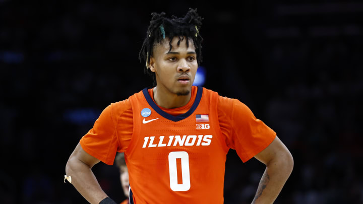 Mar 30, 2024; Boston, MA, USA; Illinois Fighting Illini guard Terrence Shannon Jr. (0) reacts against the Connecticut Huskies in the finals of the East Regional of the 2024 NCAA Tournament at TD Garden. Mandatory Credit: Winslow Townson-USA TODAY Sports