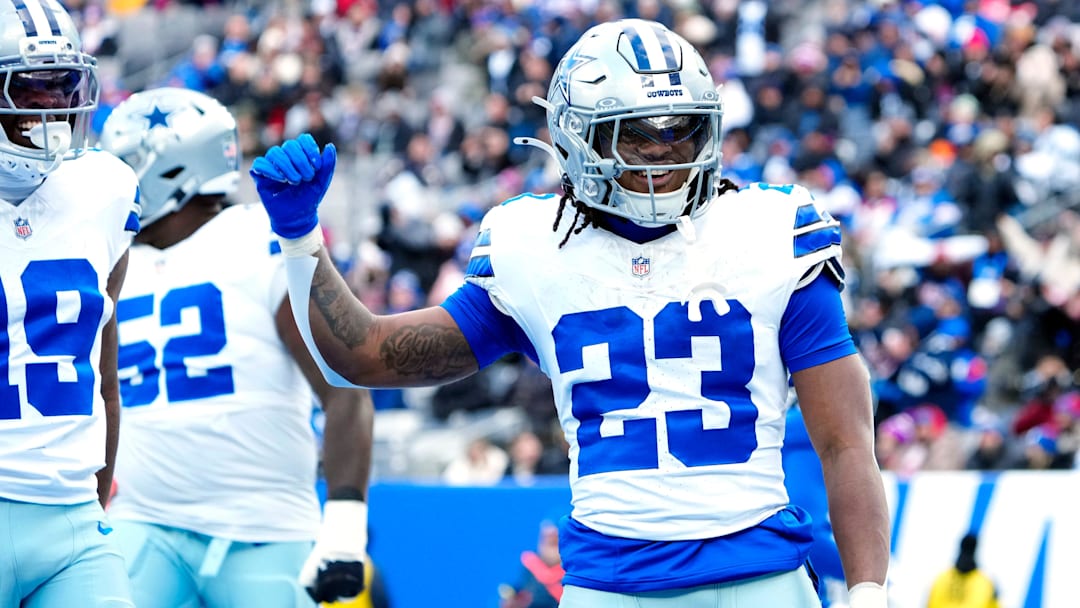 Dallas Cowboys running back Jaydon Blue (23) celebrates after scoring the first touchdown of the game, Sunday, January 4, 2026, in East Rutherford. Dallas Cowboys running back Jaydon Blue (23) celebrates after scoring the first touchdown of the game, Sunday, January 4, 2026, in East Rutherford.