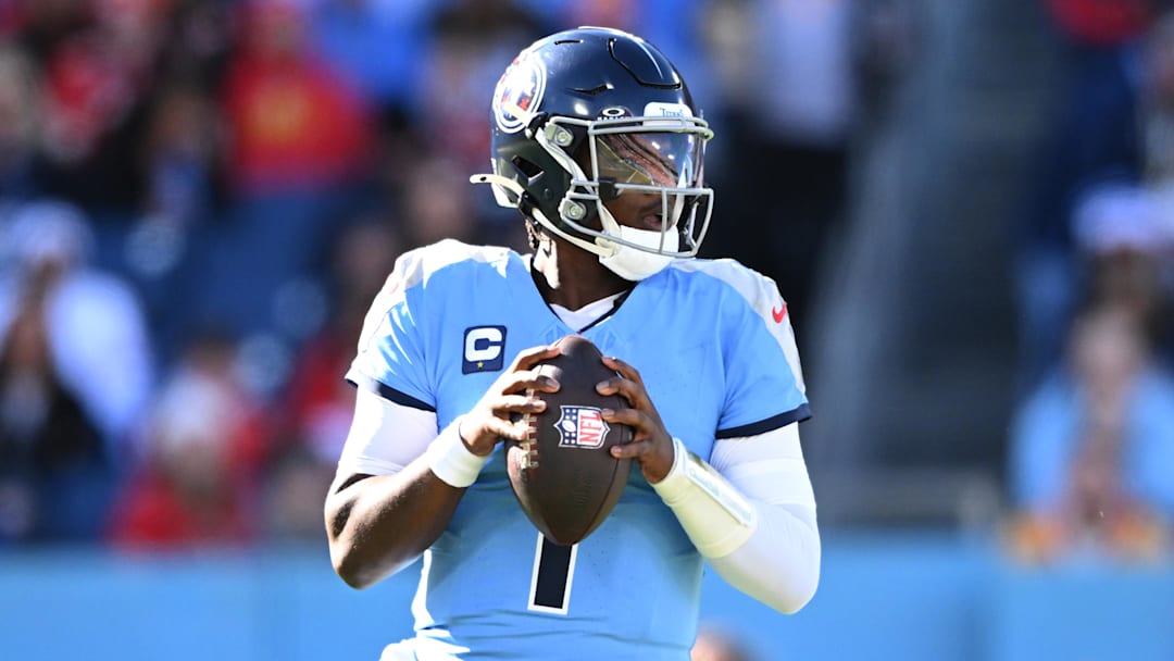 Dec 21, 2025; Nashville, Tennessee, USA; Tennessee Titans quarterback Cam Ward (1) drops to throw during the first half against the Kansas City Chiefs at Nissan Stadium. Mandatory Credit: Steve Roberts-Imagn Images