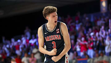 Nov 29, 2024; Paradise Island, Bahamas, BHS;  Arizona Wildcats guard Anthony Dell'Orso (3) reacts against the West Virginia Mountaineers during the second half at Imperial Arena at the Atlantis resort.  Mandatory Credit: Kevin Jairaj-Imagn Images