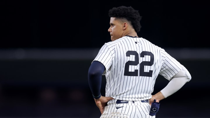 Aug 2, 2024; Bronx, New York, USA; New York Yankees right fielder Juan Soto (22) reacts after making the last out of the sixth inning against the Toronto Blue Jays at Yankee Stadium. Mandatory Credit: Brad Penner-USA TODAY Sports