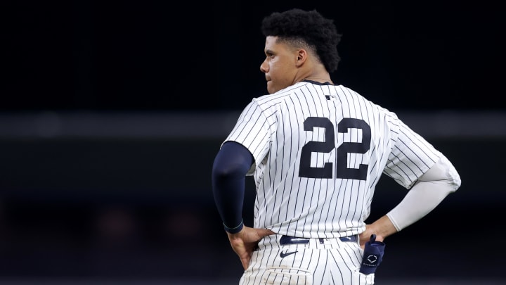 Aug 2, 2024; Bronx, New York, USA; New York Yankees right fielder Juan Soto (22) reacts after making the last out of the sixth inning against the Toronto Blue Jays at Yankee Stadium. Mandatory Credit: Brad Penner-USA TODAY Sports