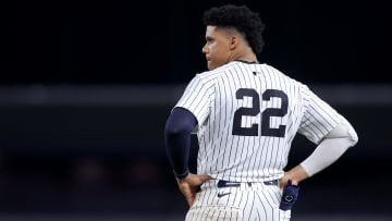 Aug 2, 2024; Bronx, New York, USA; New York Yankees right fielder Juan Soto (22) reacts after making the last out of the sixth inning against the Toronto Blue Jays at Yankee Stadium. Mandatory Credit: Brad Penner-USA TODAY Sports