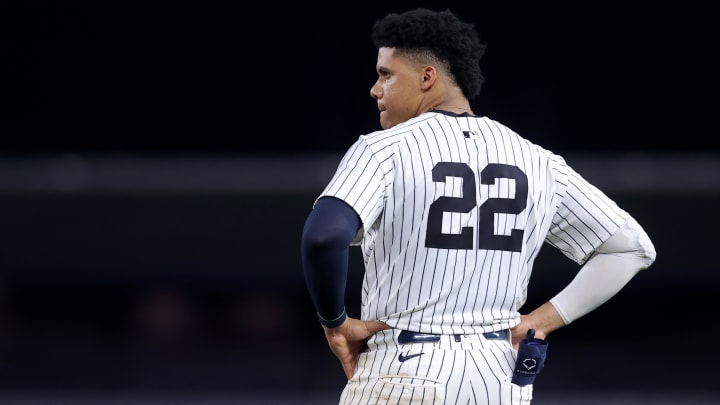 Aug 2, 2024; Bronx, New York, USA; New York Yankees right fielder Juan Soto (22) reacts after making the last out of the sixth inning against the Toronto Blue Jays at Yankee Stadium. Mandatory Credit: Brad Penner-USA TODAY Sports