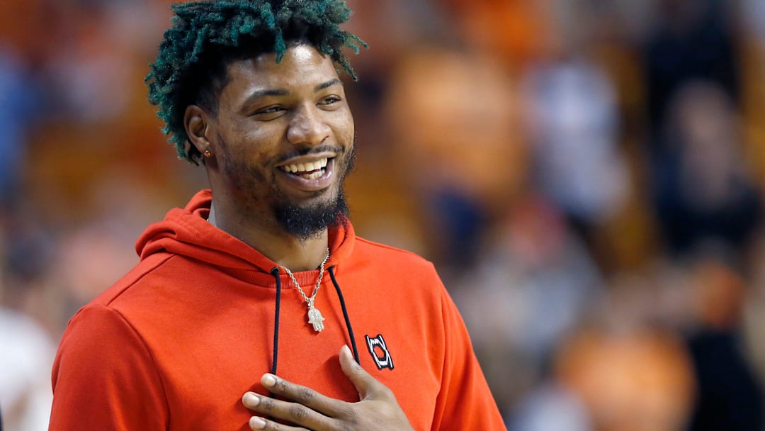 Marcus Smart reacts after being introduced in the first half during the college basketball game between Oklahoma State University Cowboys and the West Virginia Mountaineers at Gallagher-Iba Arena in Stillwater, Okla., Monday, Jan.2, 2023.