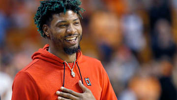 Marcus Smart reacts after being introduced in the first half during the college basketball game between Oklahoma State University Cowboys and the West Virginia Mountaineers at Gallagher-Iba Arena in Stillwater, Okla., Monday, Jan.2, 2023.