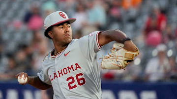 May 21, 2025; Hoover, AL, USA; Oklahoma pitcher Kyson Witherspoon (26) pitches against Georgia in the second round of the SEC Baseball Tournament at the Hoover Met.