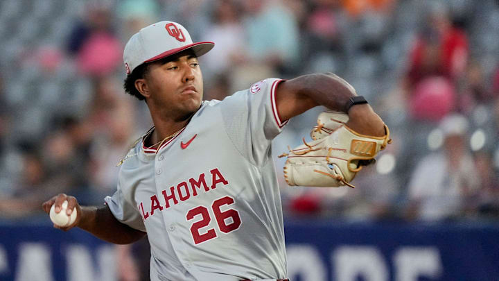 May 21, 2025; Hoover, AL, USA; Oklahoma pitcher Kyson Witherspoon (26) pitches against Georgia in the second round of the SEC Baseball Tournament at the Hoover Met.