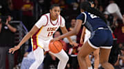Jan 12, 2025; Los Angeles, California, USA; USC Trojans center Rayah Marshall (13) guards Penn State Nittany Lions guard Talayah Walker (20) during the fourth quarter at Galen Center. Mandatory Credit: Robert Hanashiro-Imagn Images