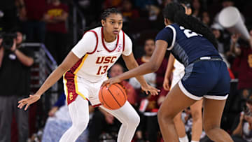 Jan 12, 2025; Los Angeles, California, USA; USC Trojans center Rayah Marshall (13) guards Penn State Nittany Lions guard Talayah Walker (20) during the fourth quarter at Galen Center. Mandatory Credit: Robert Hanashiro-Imagn Images