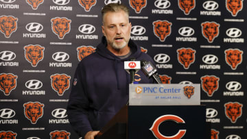 May 23, 2024; Lake Forest, IL, USA; Chicago Bears head coach Matt Eberflus speaks during organized team activities at Halas Hall