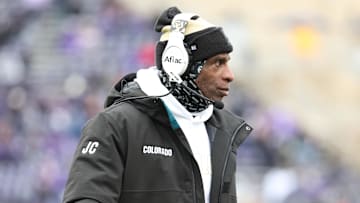 Nov 29, 2025; Manhattan, Kansas, USA; Colorado Buffaloes head coach Deion Sanders looks on during the second quarter against the Kansas State Wildcats at Bill Snyder Family Football Stadium. Mandatory Credit: Scott Sewell-Imagn Images
