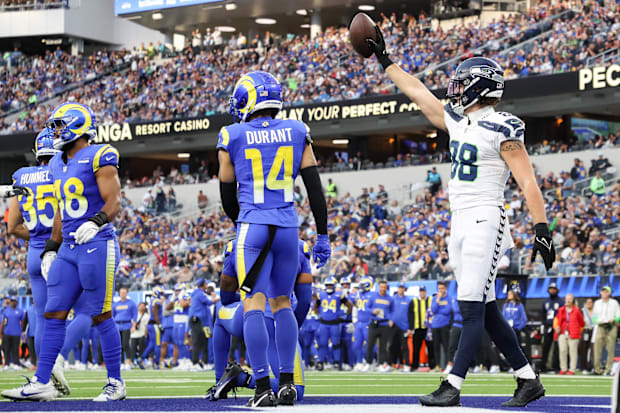 Seattle Seahawks AJ Barner (88) celebrates a touchdown completion at SoFi Stadium.