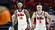 Jan 11, 2025; Oxford, Mississippi, USA; Mississippi Rebels guard Dre Davis (14) reacts after a basket during the second half against the LSU Tigers at The Sandy and John Black Pavilion at Ole Miss. Mandatory Credit: Petre Thomas-Imagn Images