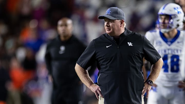 Oct 19, 2024; Gainesville, Florida, USA; Kentucky Wildcats head coach Mark Stoops looks against the Florida Gators during the first half at Ben Hill Griffin Stadium. Mandatory Credit: Matt Pendleton-Imagn Images