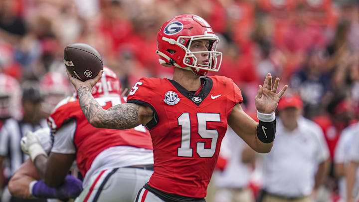 Sep 7, 2024; Athens, Georgia, USA; Georgia Bulldogs quarterback Carson Beck (15) passes the ball against the Tennessee Tech Golden Eagles during the second half at Sanford Stadium. Mandatory Credit: Dale Zanine-Imagn Images