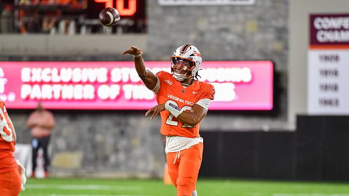 Sep 5, 2026; Blacksburg, Virginia, USA;  Virginia Tech Hokies quarterback Bryce Baker (22) throws a pass against the VMI Keydets during the third quarter at Lane Stadium.  Mandatory Credit: Brian Bishop-Imagn Images