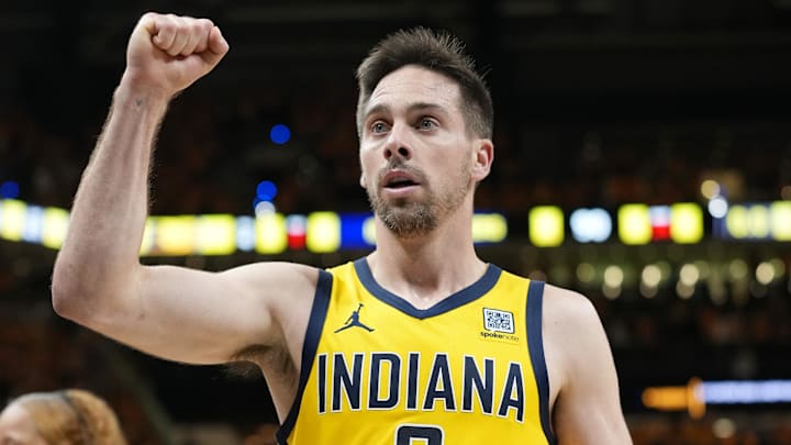 Jun 19, 2025; Indianapolis, Indiana, USA; Indiana Pacers guard T.J. McConnell (9) reacts at the end of the third quarter against the Oklahoma City Thunder during the second half of game six of the 2025 NBA Finals between the Oklahoma City Thunder and the Indiana Pacers at Gainbridge Fieldhouse. Mandatory Credit: Kyle Terada-Imagn Images