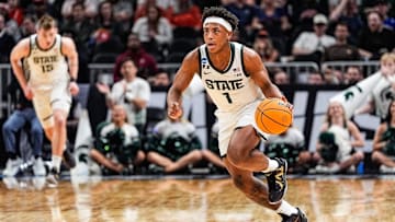 Michigan State guard Jeremy Fears Jr. (1) dribbles against Ole Miss during the first half of the Sweet 16 round of NCAA tournament at State Farm Arena in Atlanta, Ga. on Friday, March 28, 2025.