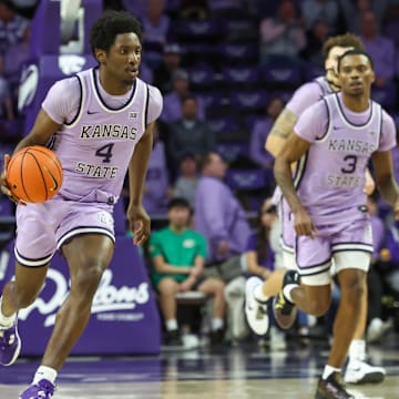 Kansas State guard Mobi Ikegwuruka brings the ball up court during a recent game.