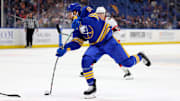 Mar 27, 2024; Buffalo, New York, USA;  Buffalo Sabres right wing Alex Tuch (89) takes a shot on goal during the first period against the Ottawa Senators at KeyBank Center. Mandatory Credit: Timothy T. Ludwig-Imagn Images
