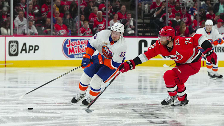 Apr 17, 2023; Raleigh, North Carolina, USA; New York Islanders center Mathew Barzal (13) skates with