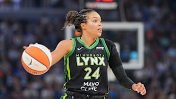 Jul 30, 2025; Minneapolis, Minnesota, USA; Minnesota Lynx forward Napheesa Collier (24) dribbles against the New York Liberty in the second quarter at Target Center. Mandatory Credit: Brad Rempel-Imagn Images