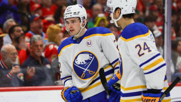 Apr 13, 2024; Sunrise, Florida, USA; Buffalo Sabres right wing Jack Quinn (22) reacts after scoring against the Florida Panthers during the first period at Amerant Bank Arena. Mandatory Credit: Sam Navarro-USA TODAY Sports