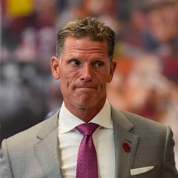 Oklahoma head coach Brent Venables arrives for SEC Media Days at the College Football Hall of Fame in Atlanta.