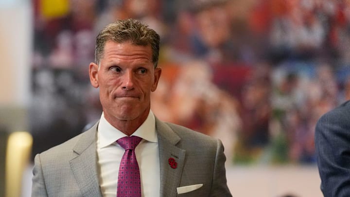 Oklahoma head coach Brent Venables arrives for SEC Media Days at the College Football Hall of Fame in Atlanta.