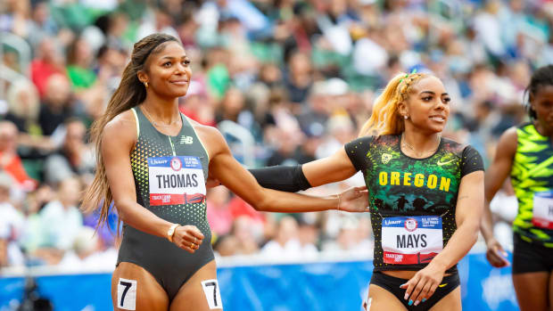 Gabby Thomas, left, and Jadyn Mays after the first round of the women’s 200 meters during day seven of the U.S. Olympic Track