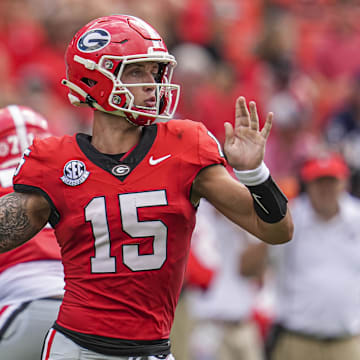 Sep 7, 2024; Athens, Georgia, USA; Georgia Bulldogs quarterback Carson Beck (15) passes the ball against the Tennessee Tech Golden Eagles during the second half at Sanford Stadium. Mandatory Credit: Dale Zanine-Imagn Images