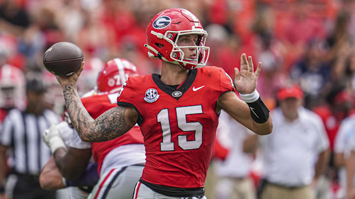 Sep 7, 2024; Athens, Georgia, USA; Georgia Bulldogs quarterback Carson Beck (15) passes the ball against the Tennessee Tech Golden Eagles during the second half at Sanford Stadium. Mandatory Credit: Dale Zanine-Imagn Images