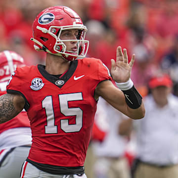 Sep 7, 2024; Athens, Georgia, USA; Georgia Bulldogs quarterback Carson Beck (15) passes the ball against the Tennessee Tech Golden Eagles during the second half at Sanford Stadium. Mandatory Credit: Dale Zanine-Imagn Images