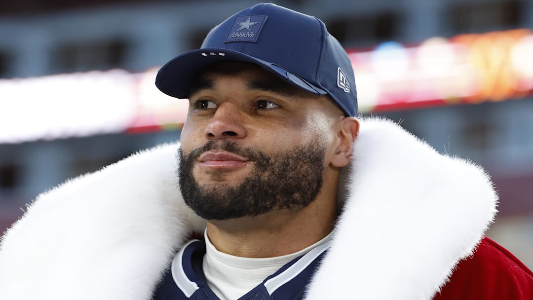 Dec 25, 2025; Landover, Maryland, USA; Dallas Cowboys quarterback Dak Prescott (4) is interviewed after defeating the Washington Commanders at Northwest Stadium. Mandatory Credit: Amber Searls-Imagn Images