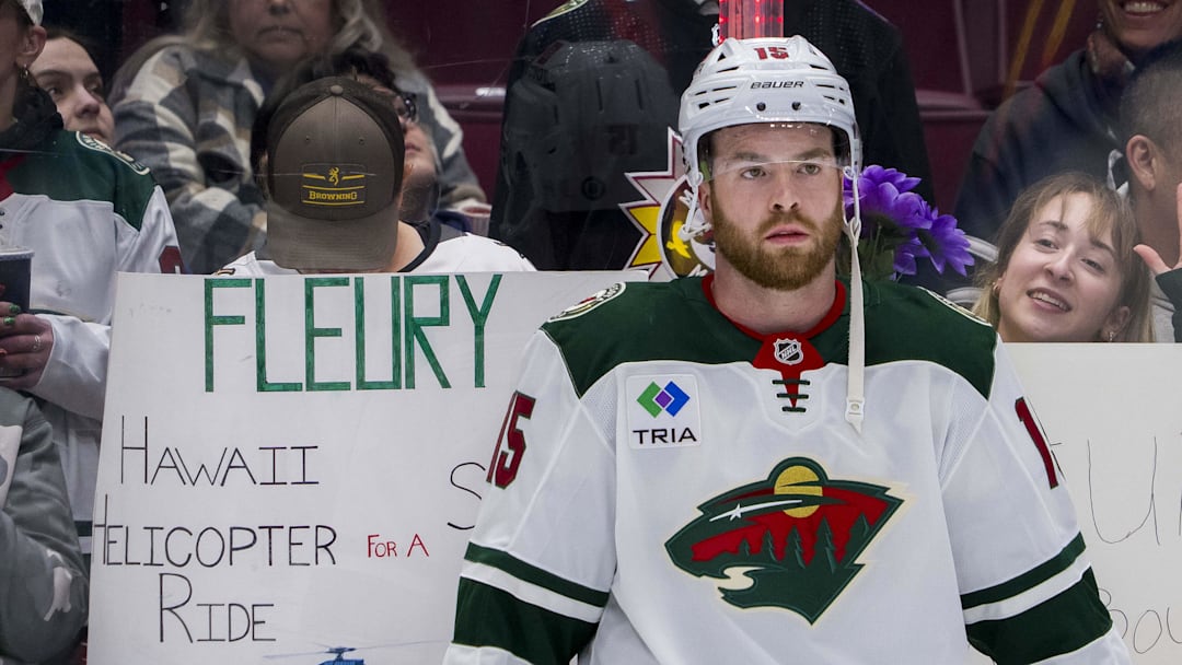 Mar 7, 2025; Vancouver, British Columbia, CAN; Minnesota Wild forward Justin Brazeau (15) rests during warm up prior to a game against the Vancouver Canucks at Rogers Arena. Mandatory Credit: Bob Frid-Imagn Images