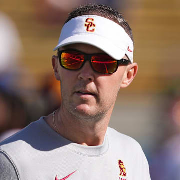 Oct 28, 2023; Berkeley, California, USA; USC Trojans head coach Lincoln Riley before the game against the California Golden Bears at California Memorial Stadium. Mandatory Credit: Darren Yamashita-Imagn Images